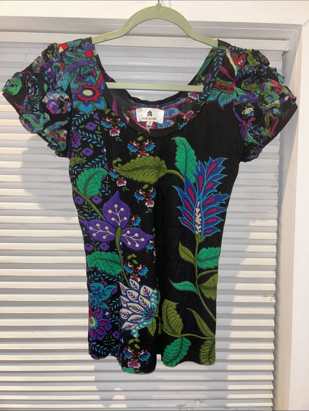 Ritu Kumar Womens Top Size 3 Black Floral Print Textured Sleeves Boho Artsy